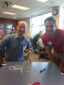 Marshmallow challenge structure with co-builders, Erick Price and Greg Mueller