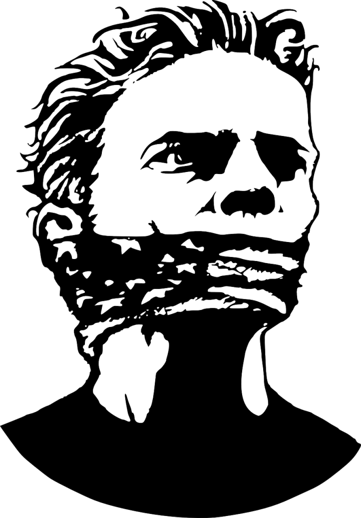 Bust of a man with an American flag tied around his mouth by OpenClipartVectors on Pixabay at https://pixabay.com/en/freedom-of-speech-freedom-156029/