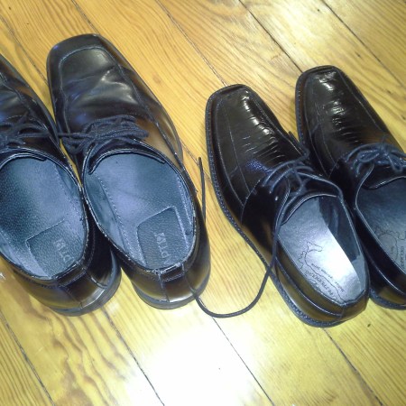 It's no surprise TB chose these as his new church shoes - they look almost exactly like his dad's shoes. And yes, TB's feet are that big. Chris' shoes are on the left, and TB's shoes are on the right.