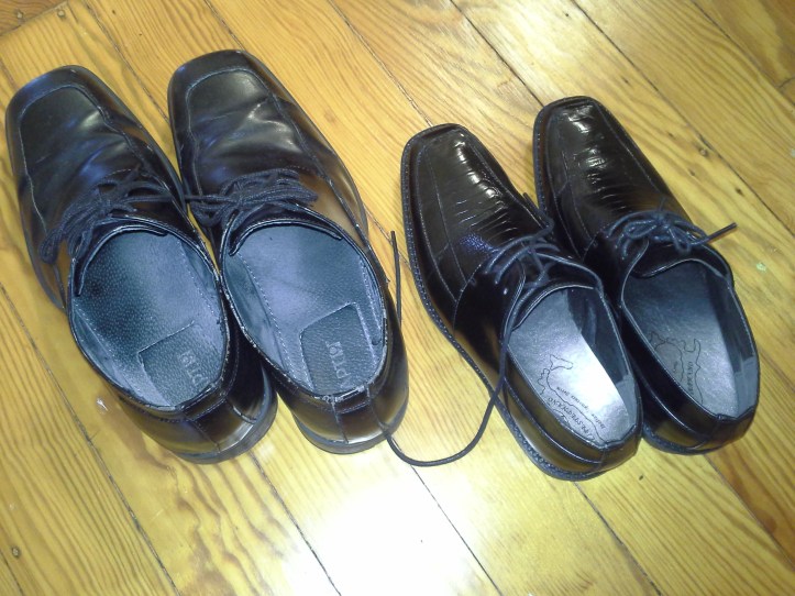 It's no surprise TB chose these as his new church shoes - they look almost exactly like his dad's shoes. And yes, TB's feet are that big. Chris' shoes are on the left, and TB's shoes are on the right.
