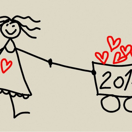 Stick figure woman carrying a 2017 cart overflowing with hearts by danielam on Pixabay at https://pixabay.com/en/pf-2017-new-year-new-celebration-1936491/