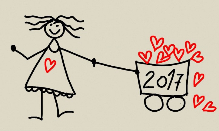 Stick figure woman carrying a 2017 cart overflowing with hearts by danielam on Pixabay at https://pixabay.com/en/pf-2017-new-year-new-celebration-1936491/