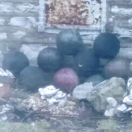 Bowling ball pyramid on the side of our neighbor's house