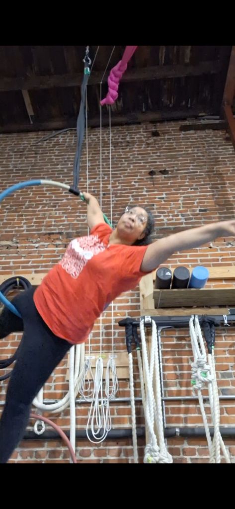 I am wearing a red t-shirt and black leggings. I'm holding onto the lyra with one arm while reaching away from the lyra with the other arm. One leg is resting on the bottom of the lyra and the other is extended underneath the lyar.